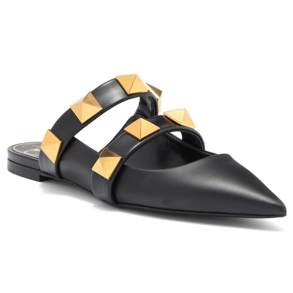Valentino Garavani Black Roman Stud Flat Leather Mules Gold 35